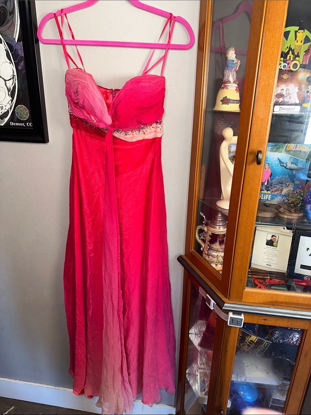 Fuchsia Ombre Spaghetti-Strap Evening Gown